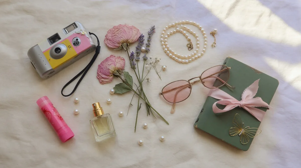 Mixed aesthetic vibes moodboard flatlay on cream linen background with small disposable film camera pressed dried pink rose and lavender pearl necklace vintage gold-rimmed sunglasses leather-bound journal golden butterfly hair pin and strawberry chapstick