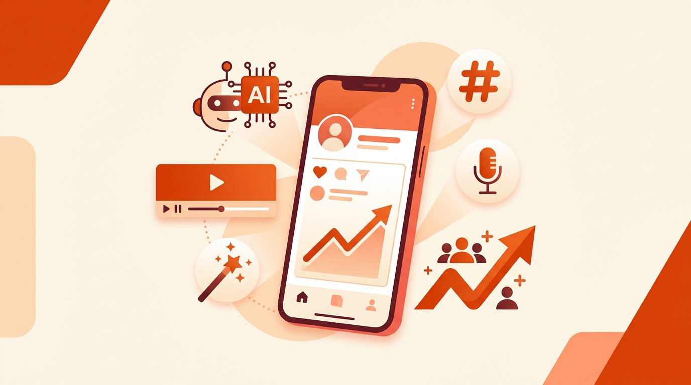Best AI tools for Instagram growth 2026 — phone with AI, editing, hashtag and growth icons