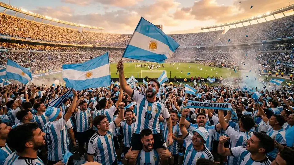 Argentina football fans celebrating in sky blue and white Albiceleste jerseys waving flags in a stadium at golden hour