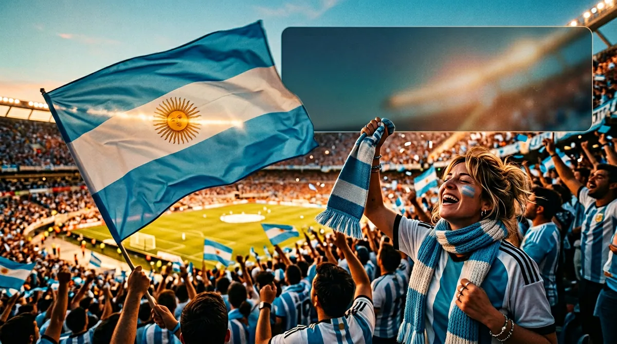 Argentina football fan card with flags scarf and stadium glow