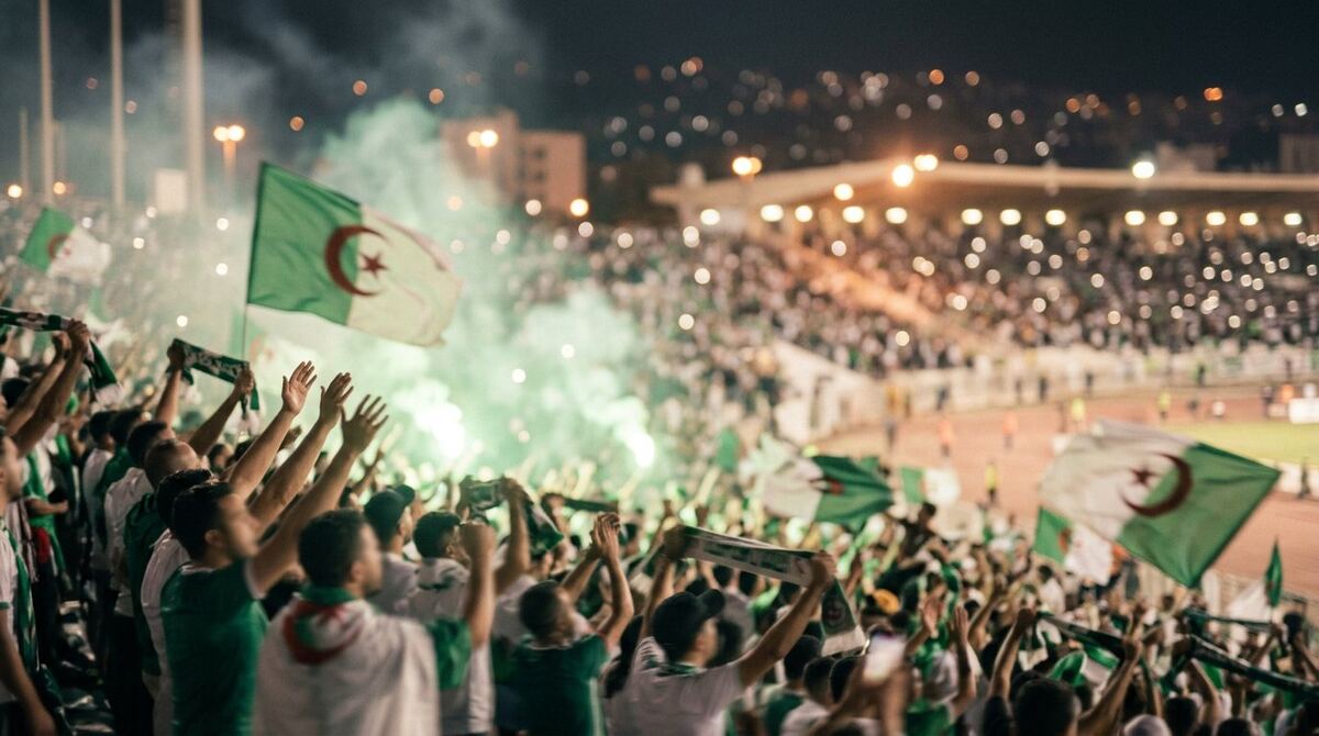 Algerian football fans cheering at night with flags, scarves and green flares
