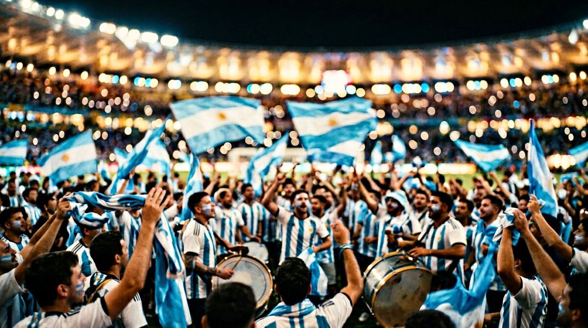 Argentine football fans celebrating at night with flags, drums and sky-blue and white face paint