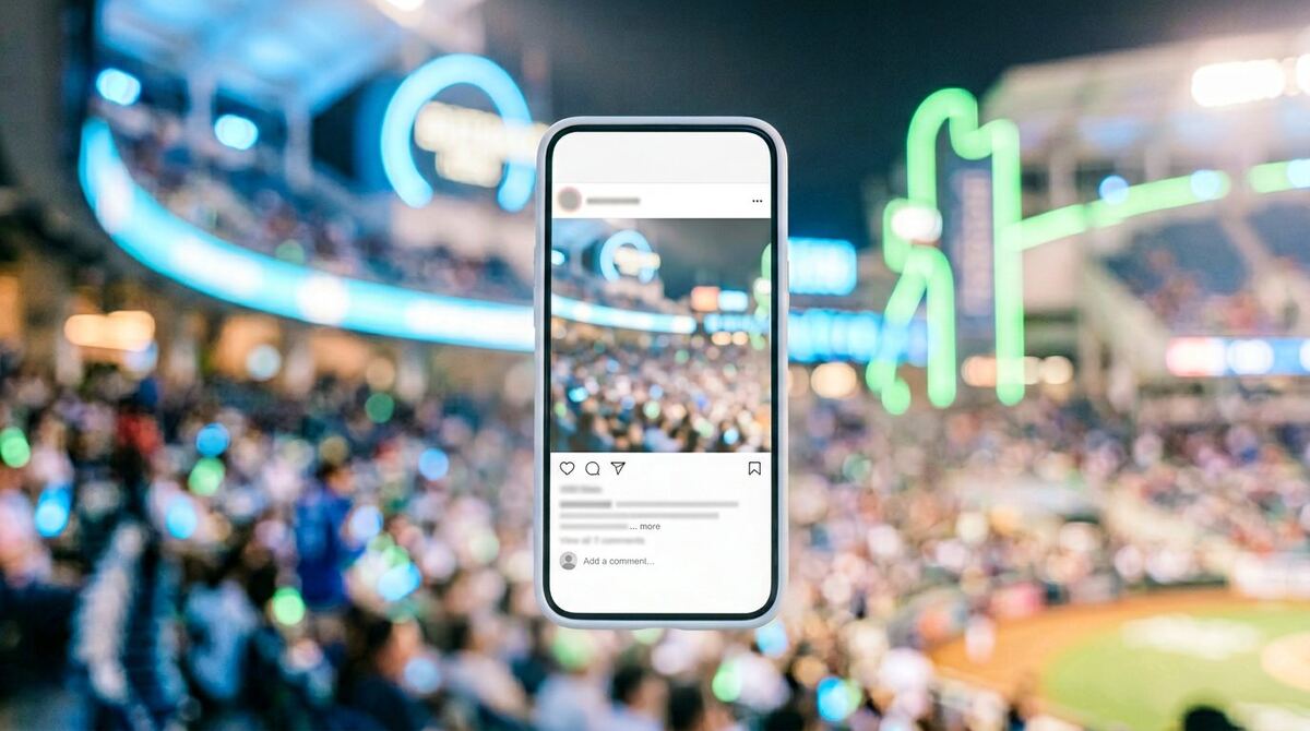 Instagram caption card mockup with an Argentina vs Algeria World Cup 2026 caption on a neon stadium background