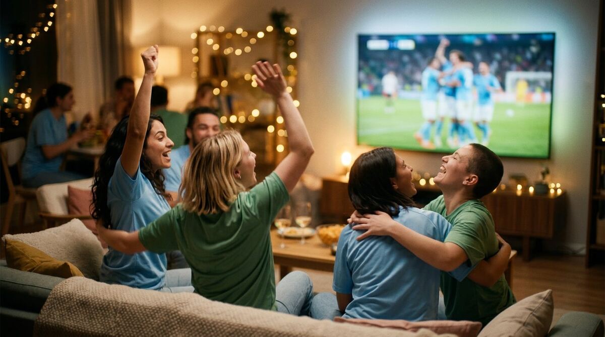 Friends in Argentina and Algeria shirts reacting emotionally while watching the World Cup 2026 match on a big screen
