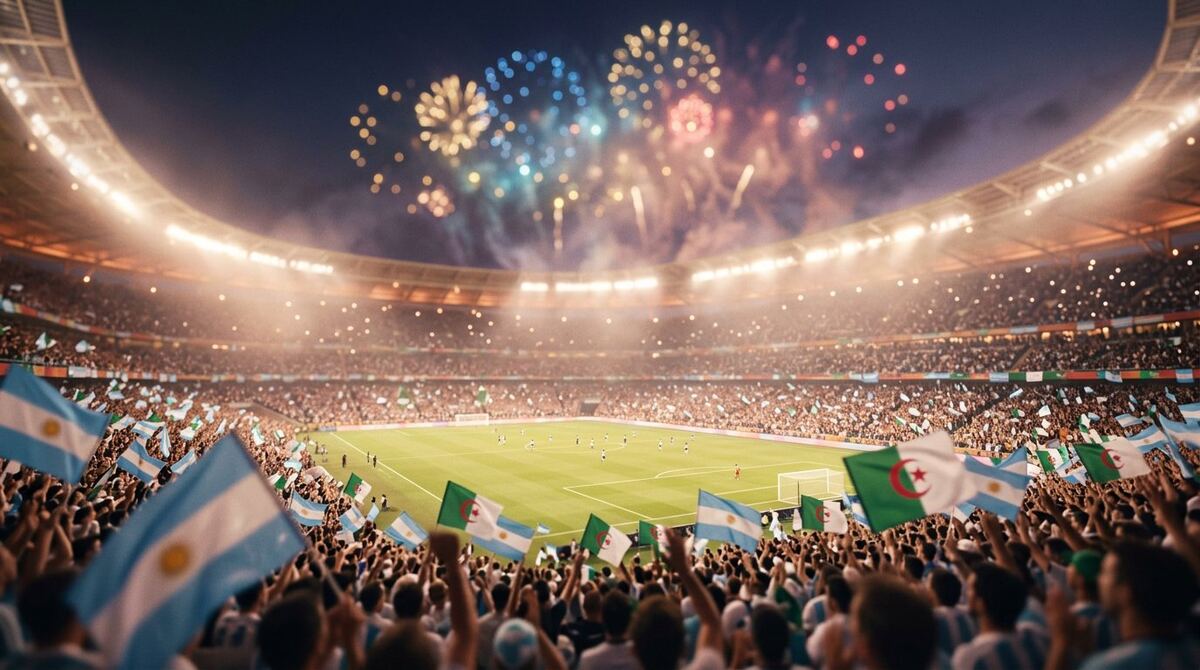 Argentina vs Algeria World Cup 2026 night stadium with fireworks, Argentine and Algerian flags in a packed celebrating crowd