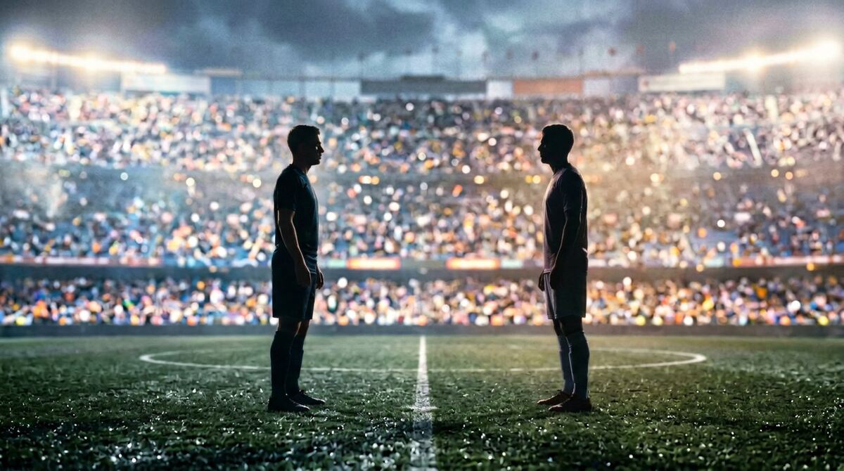Silhouette of two football players facing each other under floodlights before a World Cup 2026 match