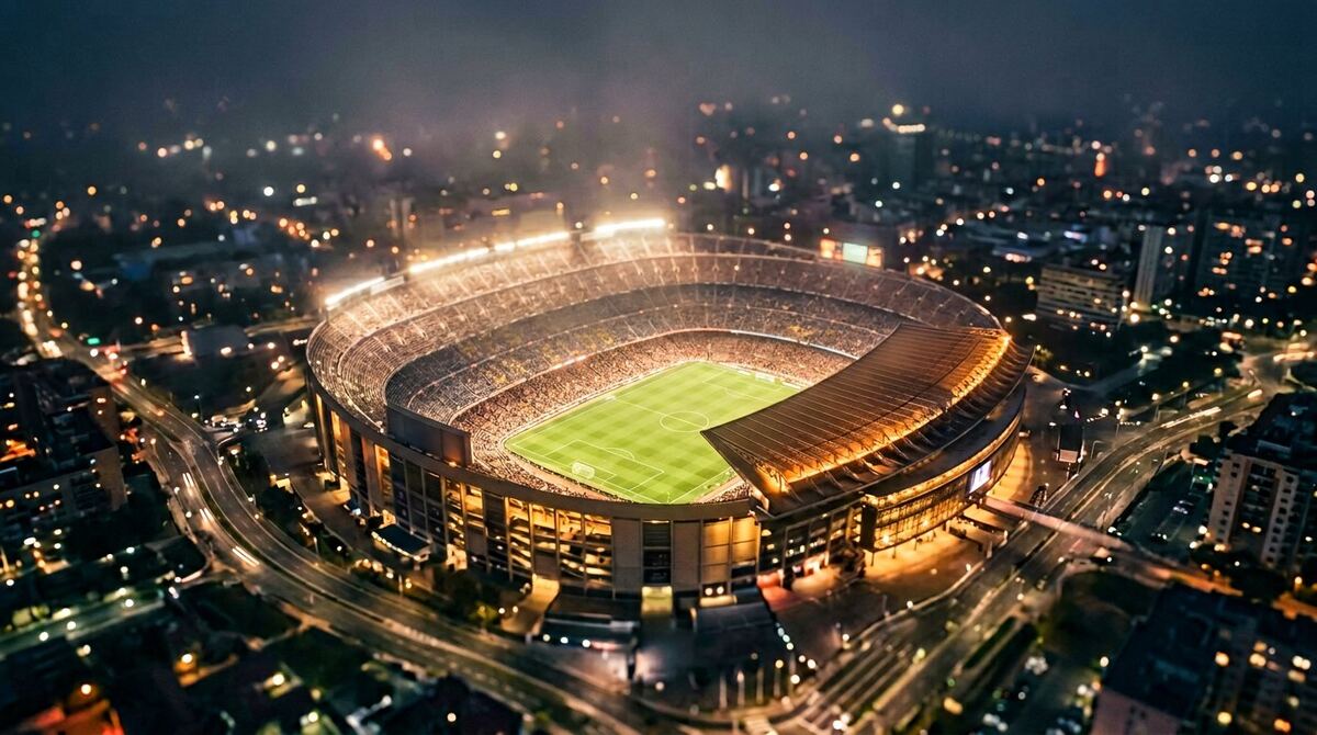 Aerial night view of Arrowhead Stadium glowing during a World Cup 2026 match in Kansas City