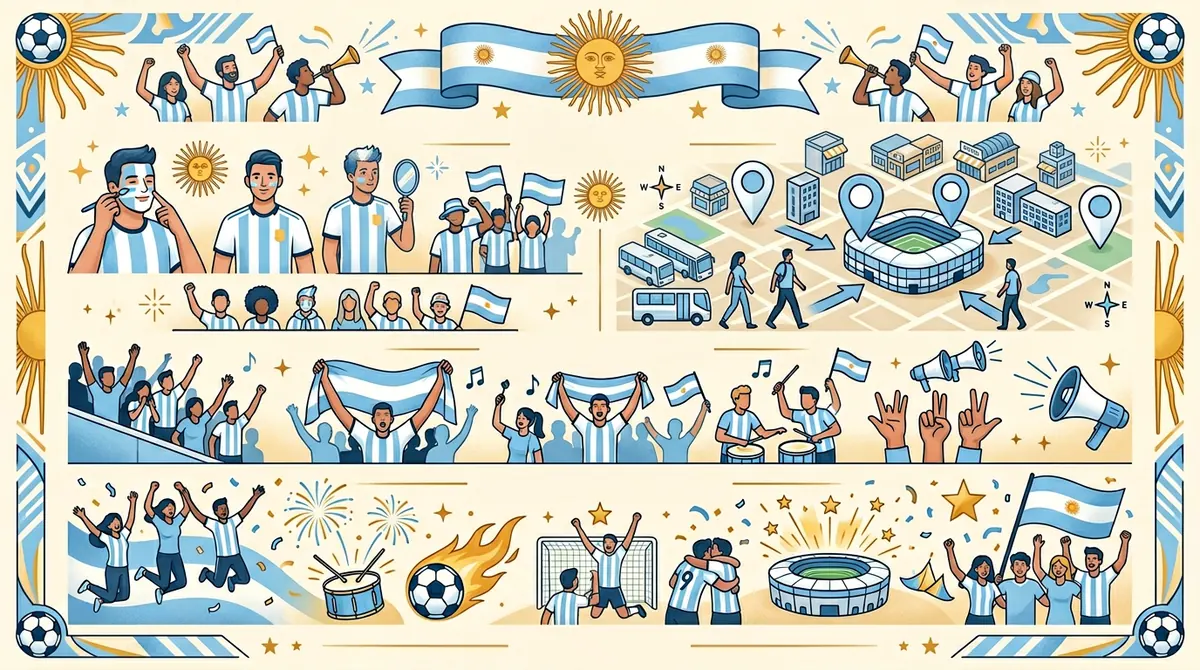 Argentina football cheer guide concept with flags ball and stadium map pins