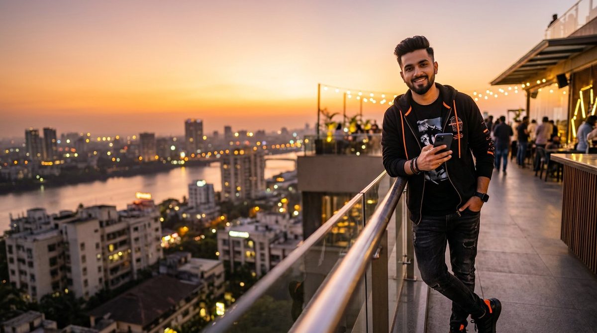 Stylish young Indian boy holding a phone for best Hinglish Instagram captions for boys 2026
