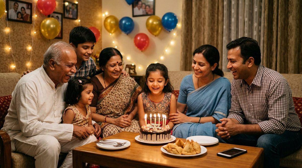 Indian family birthday celebration for mom dad son and daughter birthday captions