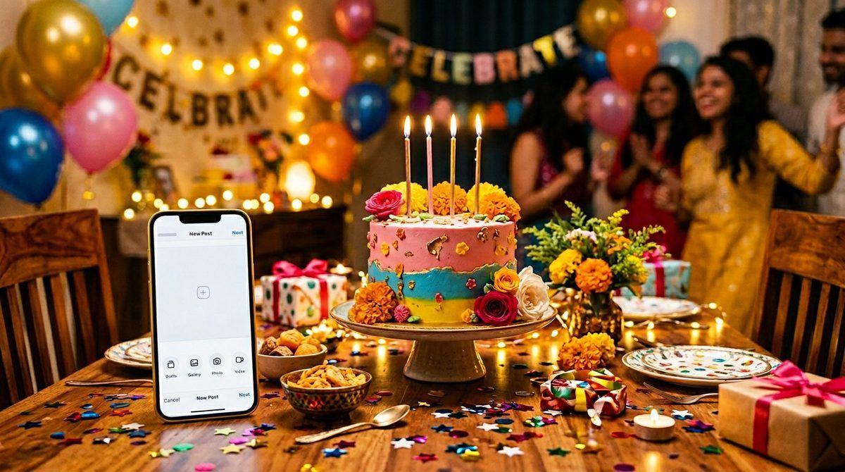 Birthday cake and smartphone for Instagram birthday captions in Hindi Hinglish and English