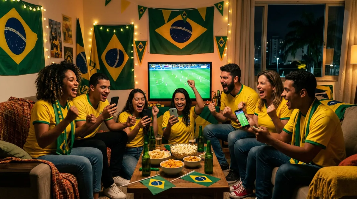 Brazil football fans watching a match at a night watch party