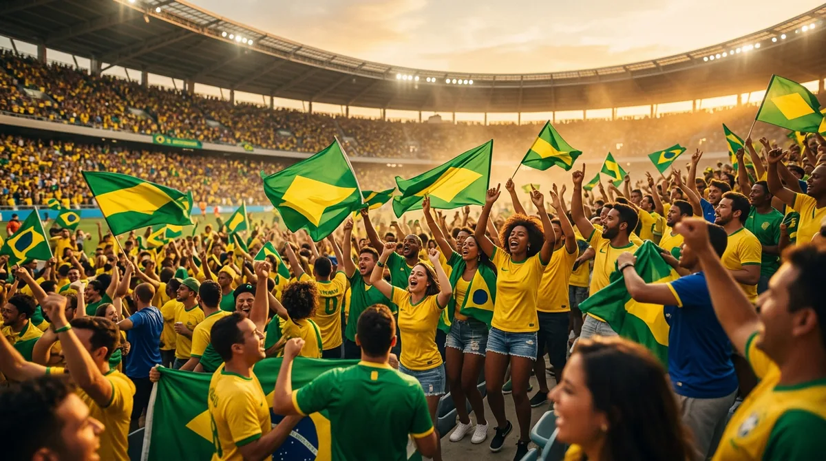 Brazil football fans in yellow and green celebrating in a stadium