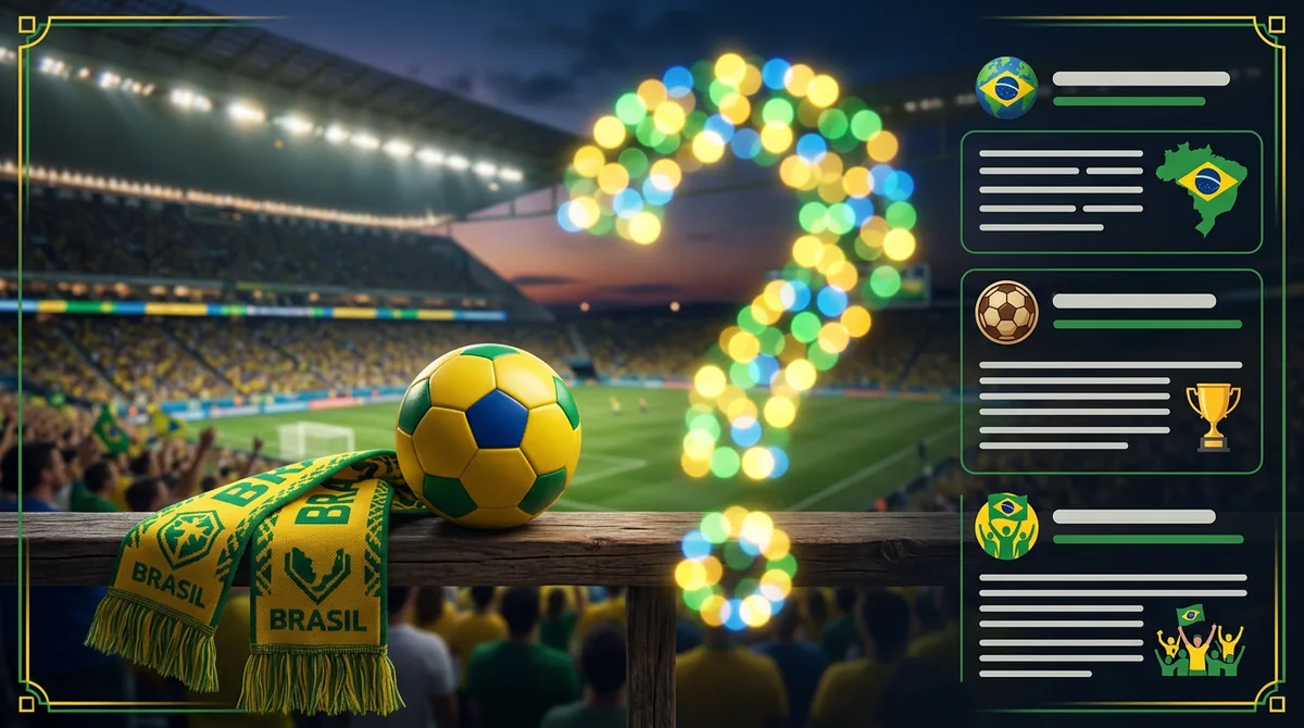 Brazil football FAQ visual with scarf ball and question mark bokeh