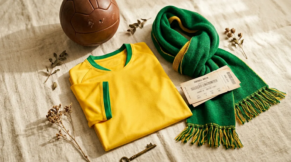 Brazil yellow jersey and green scarf football flat lay