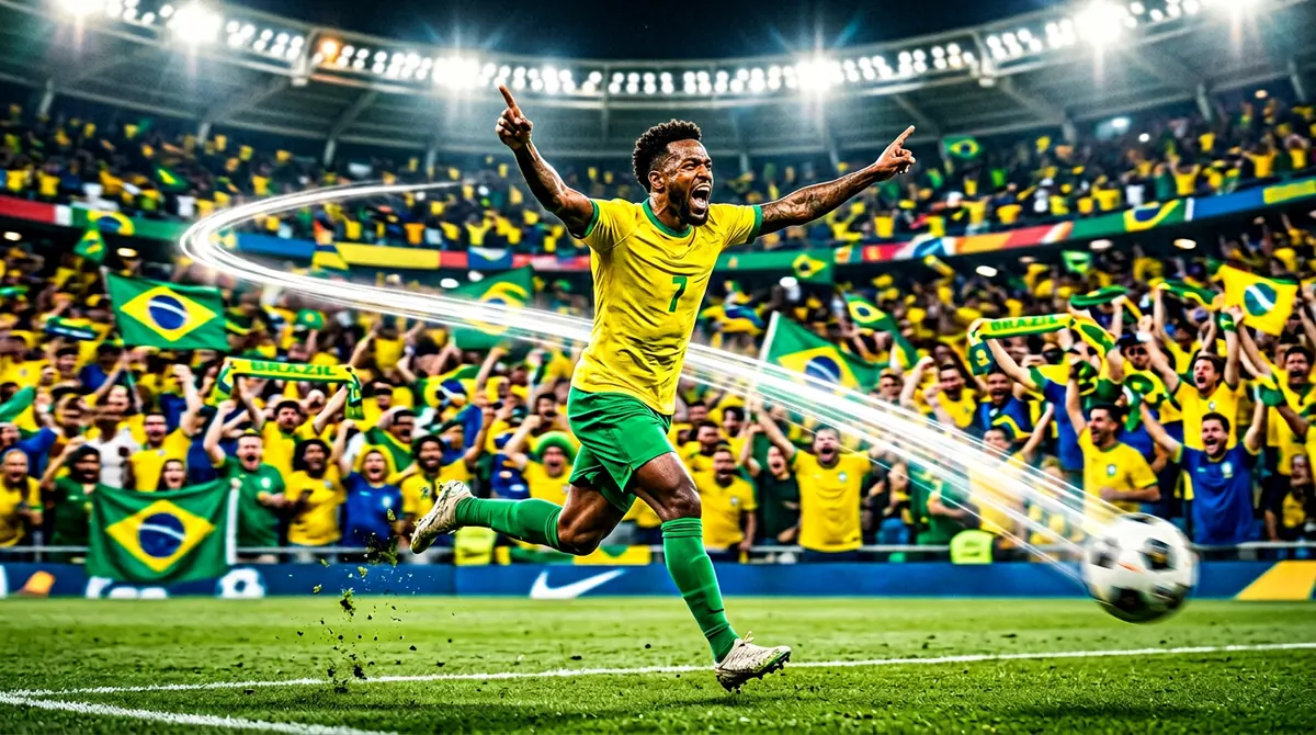 Brazil winger celebration energy in yellow and green stadium lights