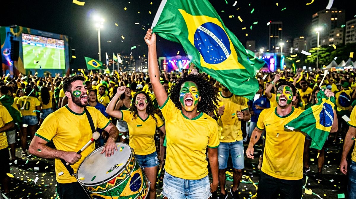 Brazilian football fans celebrating at night with flags, drums and green and yellow face paint