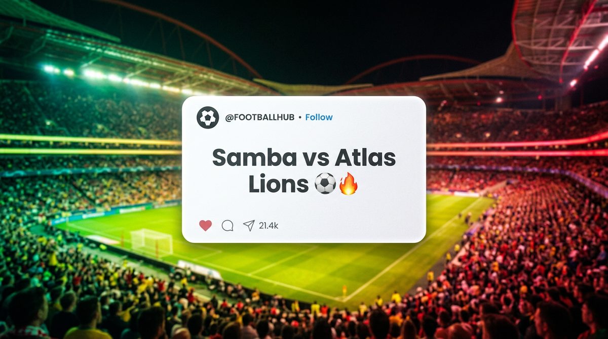 Instagram caption card mockup with a Brazil vs Morocco World Cup 2026 caption on a neon stadium background