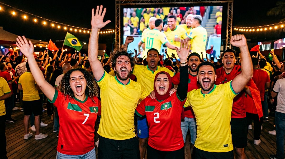 Friends in Brazil and Morocco shirts reacting emotionally while watching the World Cup 2026 match on a big screen