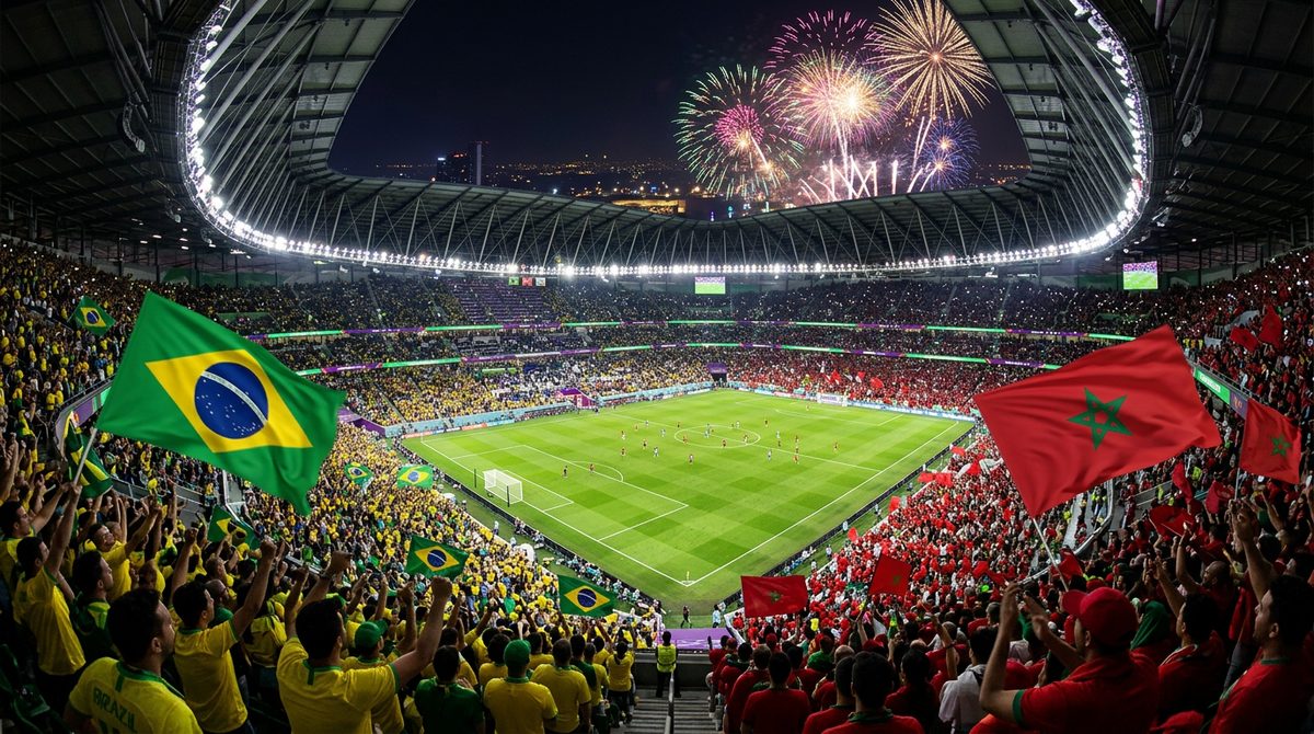 Brazil vs Morocco World Cup 2026 night stadium with fireworks, Brazilian and Moroccan flags in a packed celebrating crowd