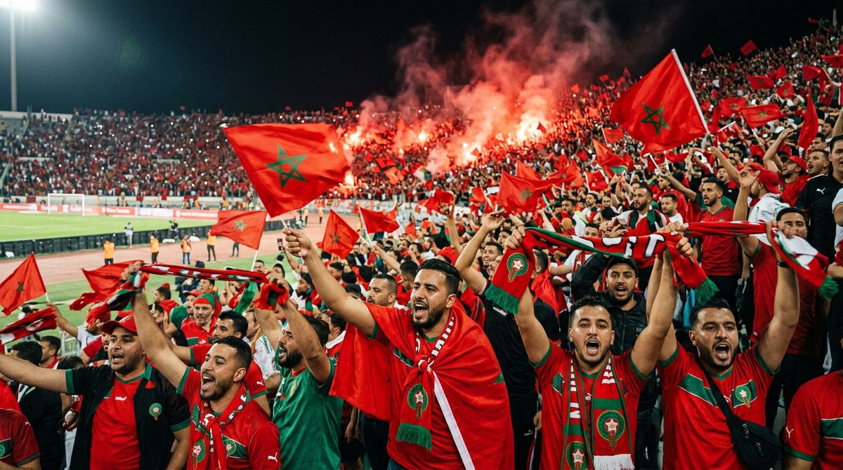 Moroccan football fans cheering at night with flags, scarves and red flares