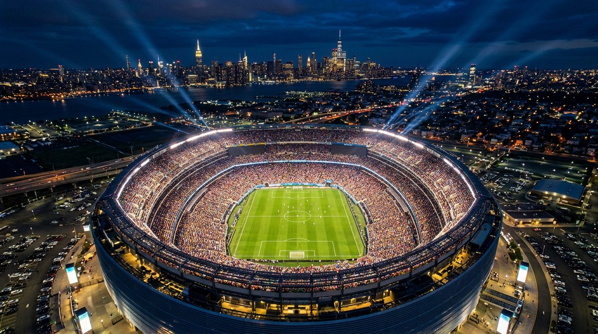 Aerial night view of MetLife Stadium glowing during a World Cup 2026 match in New Jersey