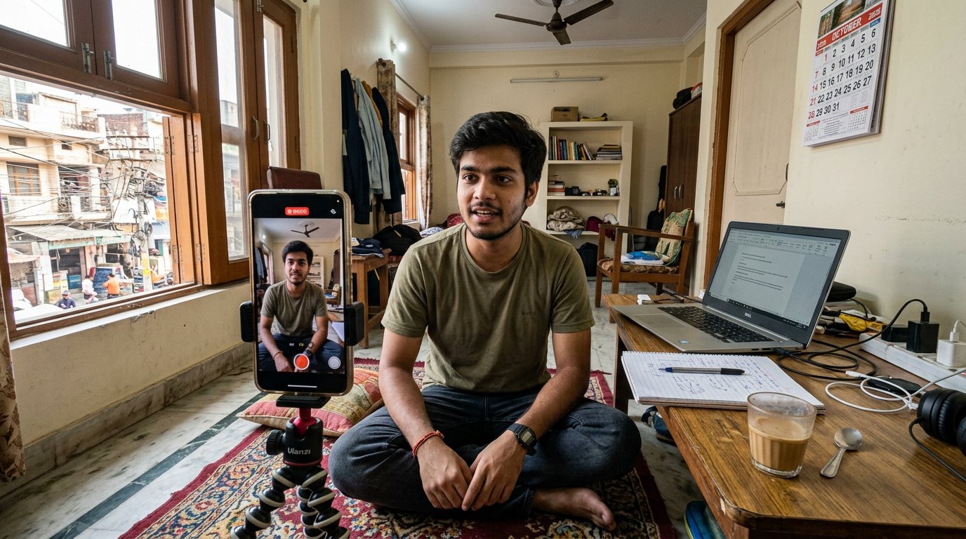 Indian content creator filming raw behind-the-scenes Reels on phone in modest home 2026 — authentic unfiltered BTS