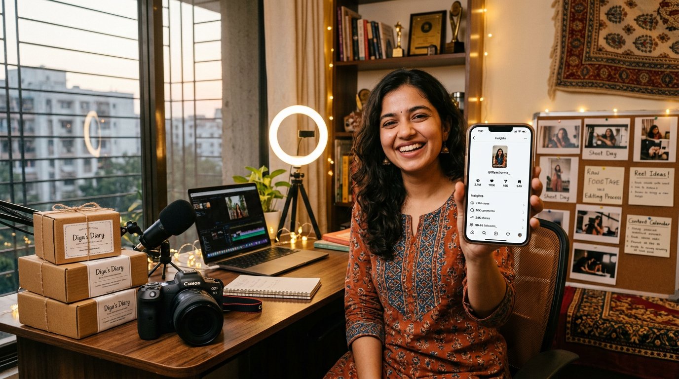 Successful young Indian woman creator showing high Reels analytics on phone with BTS props around — genuine growth story 2026