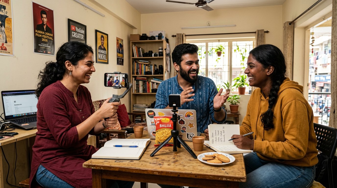 Small Indian creator team collaborating on BTS content in home office — authentic 2026 India team brainstorming with phone