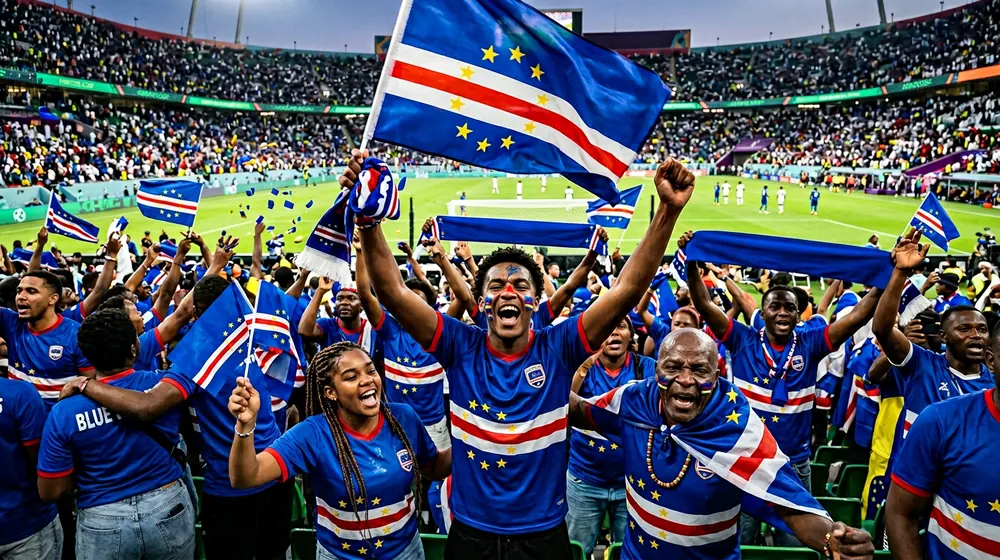 Cabo Verde Blue Sharks fans in blue celebrating their historic World Cup 2026 debut