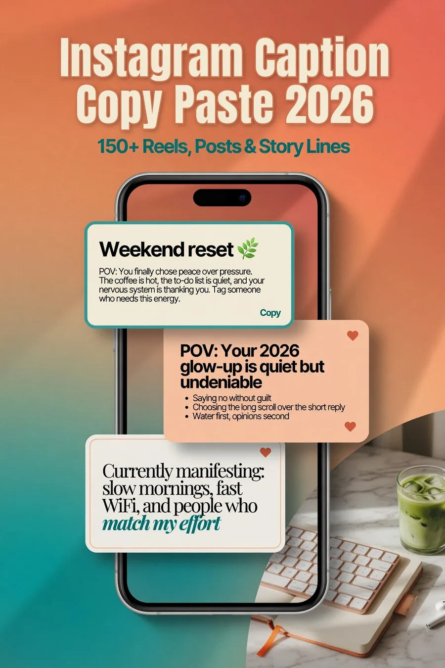 Copy paste Instagram captions 2026 — smartphone with captions, hashtags and emojis on orange teal background