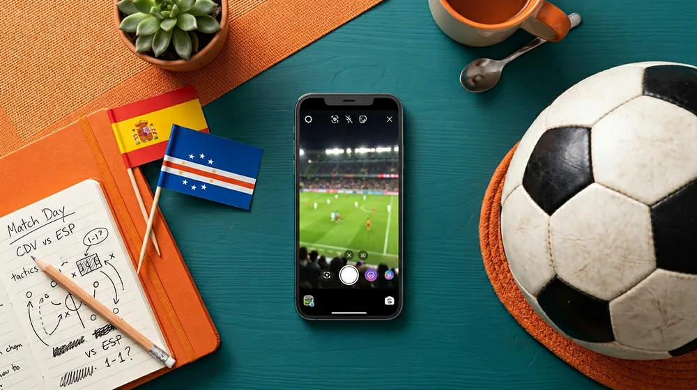 Smartphone creating an Instagram story about a football match next to a soccer ball and mini flags