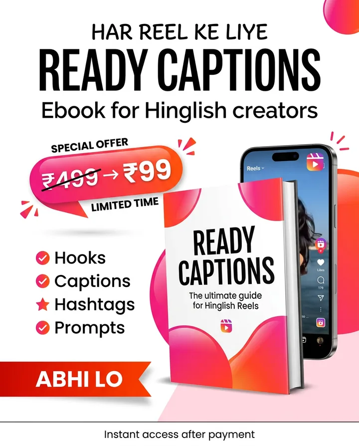 Instagram Reels creator ebook preview with ready-made Hinglish captions and quick posting ideas