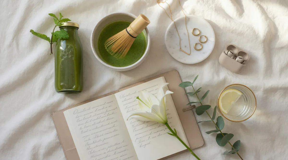 Clean girl minimal aesthetic morning routine flatlay on cream linen background with cold-pressed green juice white ceramic matcha bowl bamboo whisk gold chain jewelry on marble dish open beige leather journal and water glass with lemon
