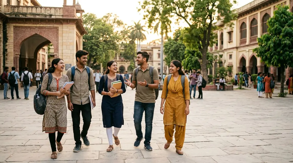 Indian college friends laughing together on a university campus