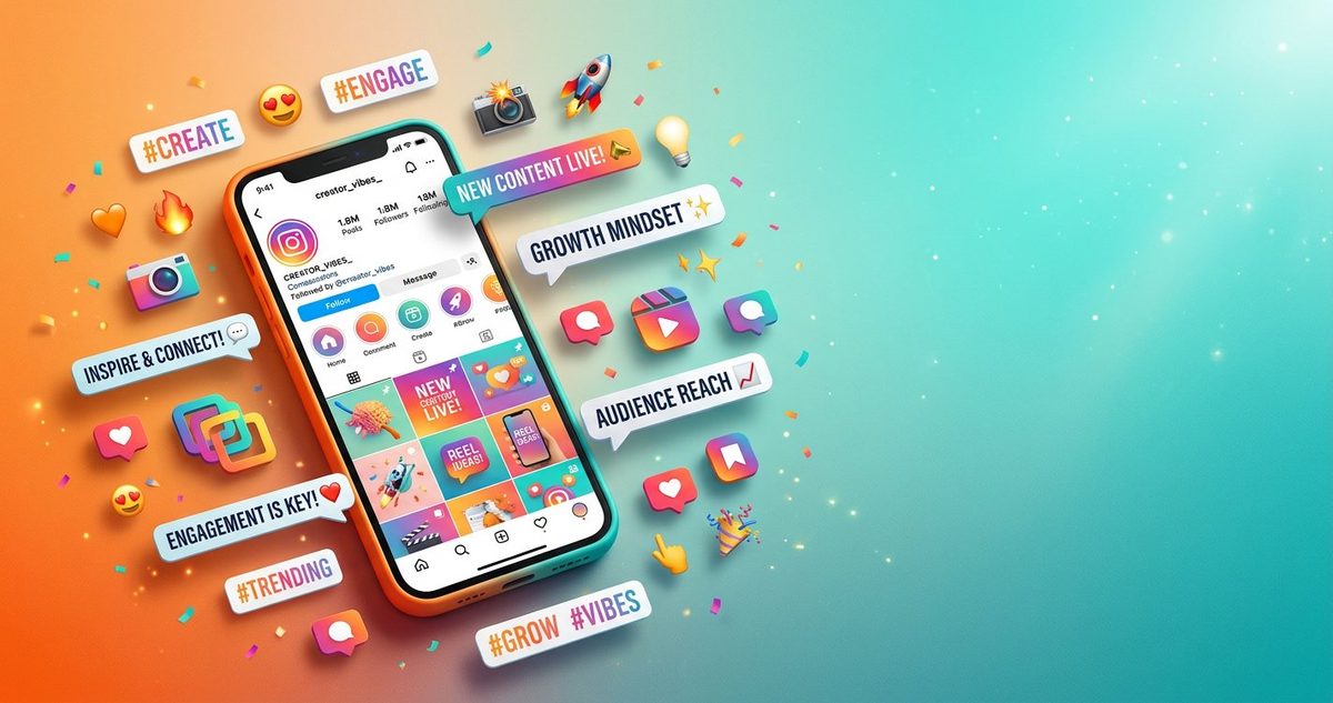 Copy paste Instagram captions 2026 — smartphone with captions, hashtags and emojis on orange teal background