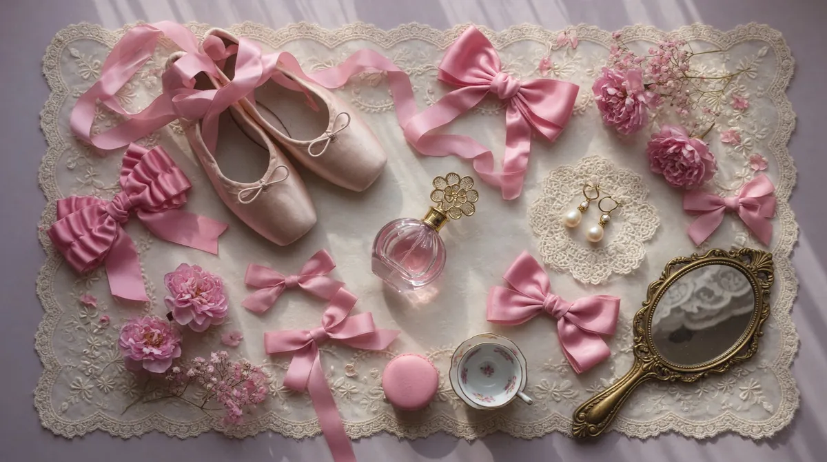 Coquette aesthetic flatlay from above with pink satin ribbons and bows ballet slippers crystal perfume bottle pearl earrings dried peonies macaron antique gold hand mirror on cream lace doily