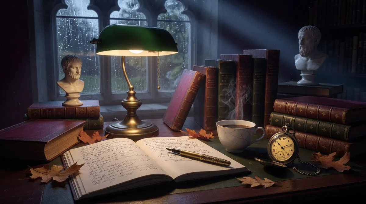 Dark academia aesthetic library desk with antique leather bound classic books stacked brass desk lamp casting warm golden light open notebook with fountain pen handwritten script porcelain coffee cup dried autumn oak leaves and antique brass pocket watch