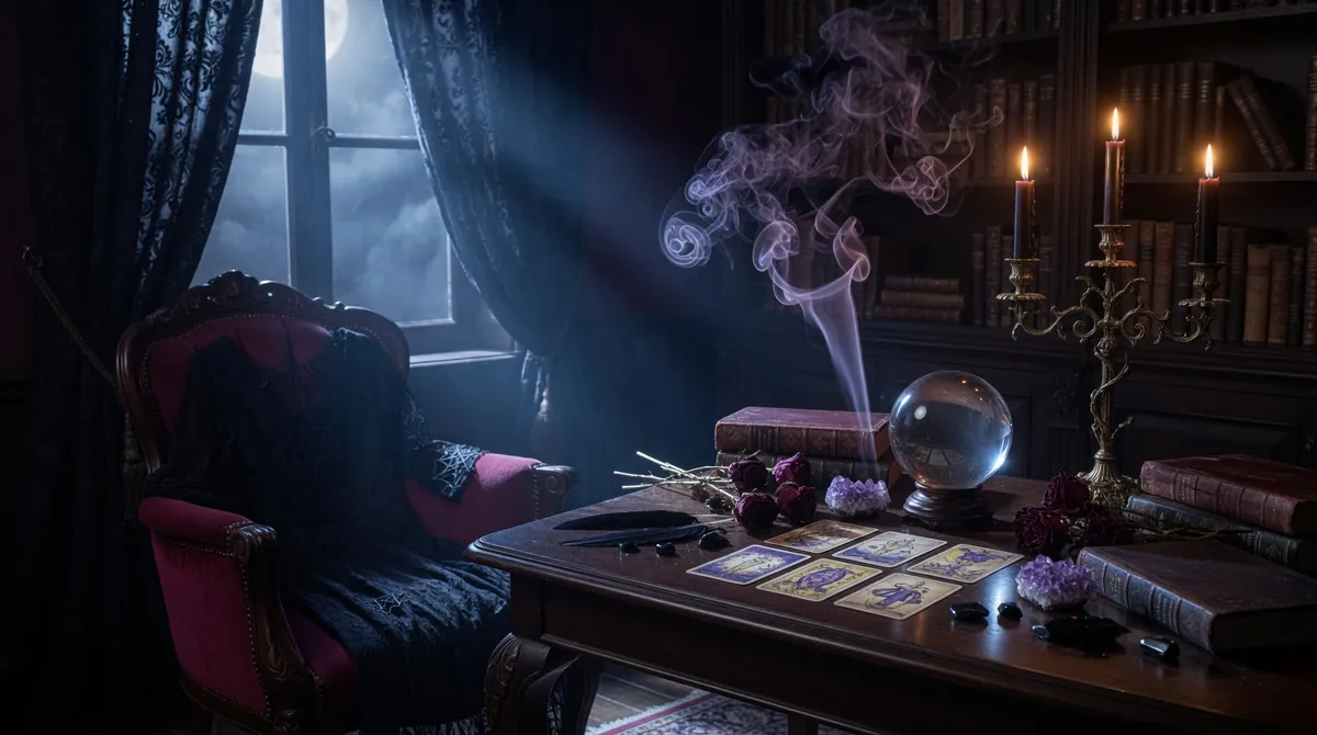 Dark whimsigoth aesthetic vintage gothic library interior with ornate brass candelabra burning candles antique tarot cards spread on mahogany table crystal ball amethyst clusters and velvet armchair in cool moonlight