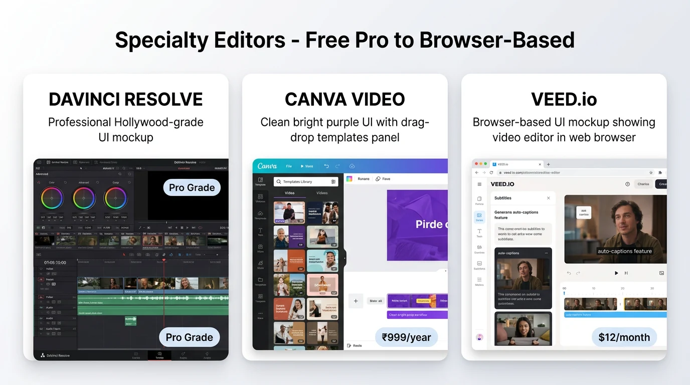 DaVinci Resolve Canva VEED comparison India 2026 - free professional video editing tools