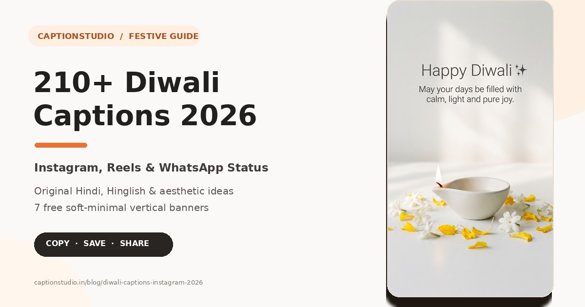 Minimal white Diwali 2026 guide cover with captions for Instagram, Reels and WhatsApp Status