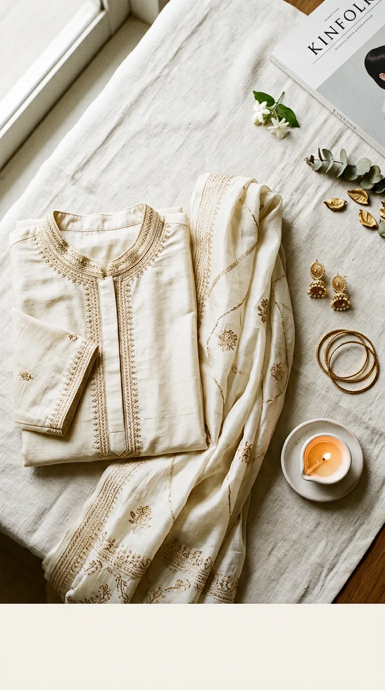 Ivory Silk Kurta Festive Outfit Flatlay