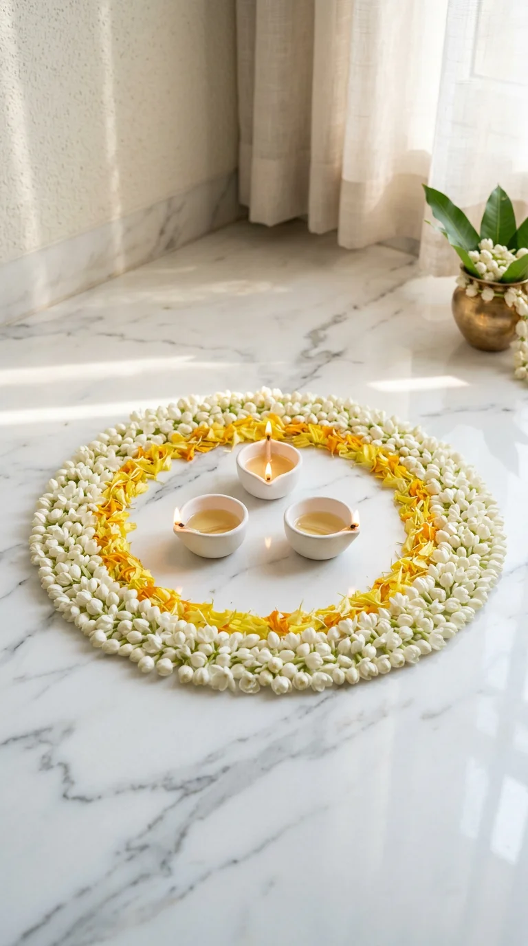 Minimal Floral Mogra Rangoli on Marble