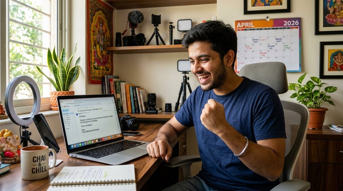 Young Indian male creator excitedly checking positive brand email reply on laptop in home office India 2026