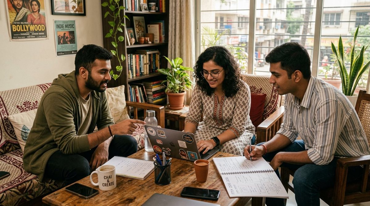 Diverse young Indian creators collaborating on email pitches around laptop in cozy living room India 2026