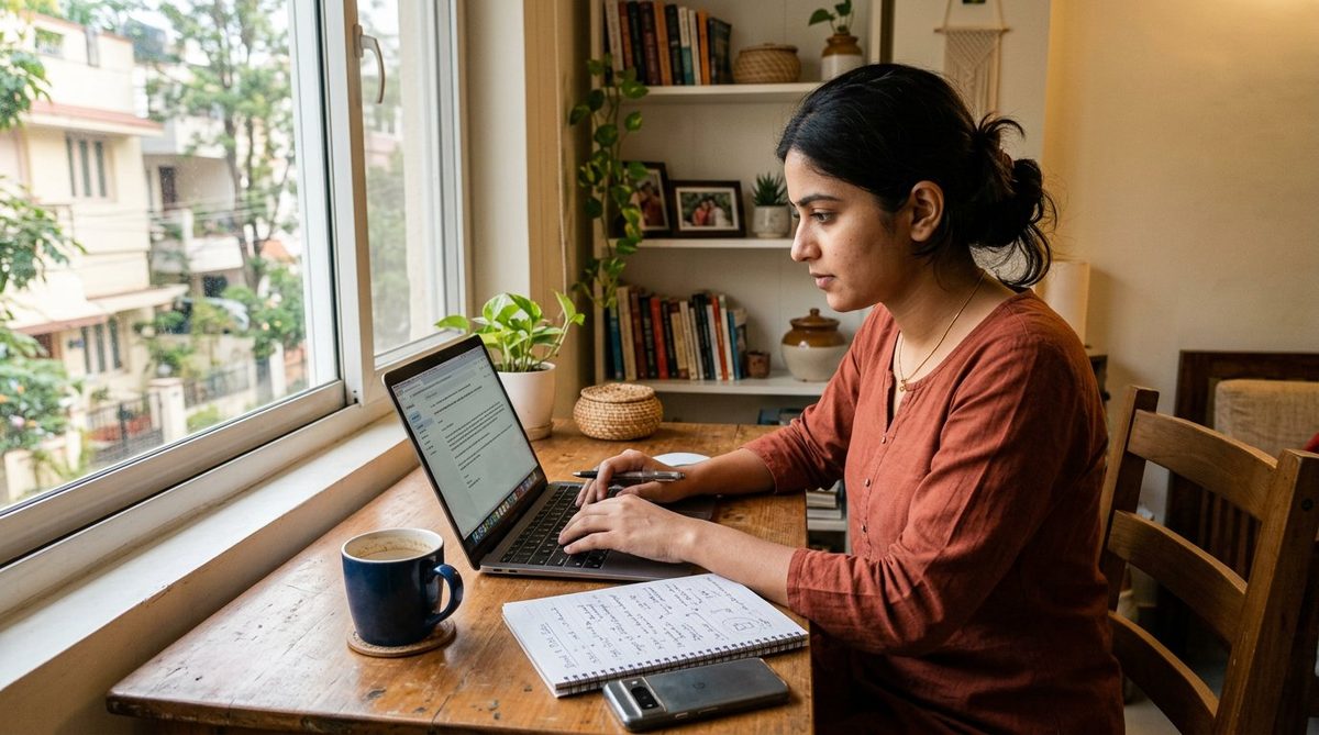 Young Indian content creator writing professional brand pitch email on laptop in modest home in India 2026 — natural light, authentic focused vibe