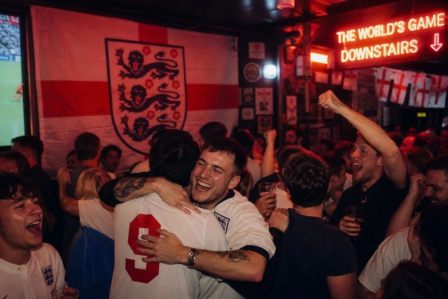 Aesthetic late night London football pub screening watch party joyful England fans hugging and cheering