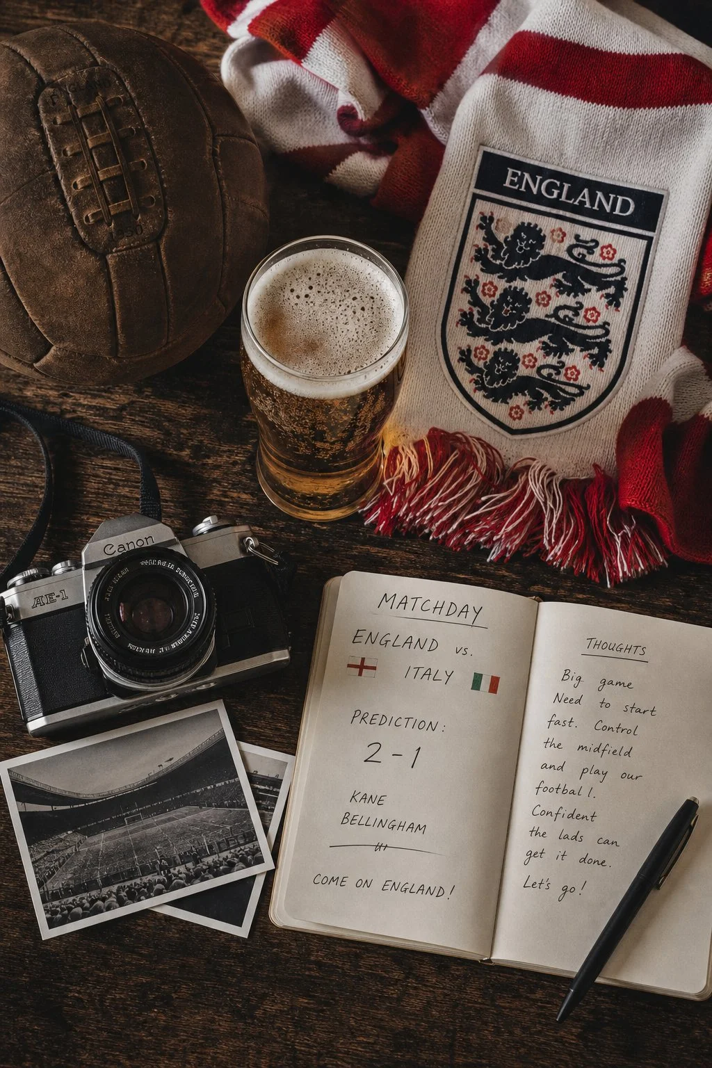 Aesthetic football flatlay with vintage leather soccer ball red scarf Three Lions beer pint and journal