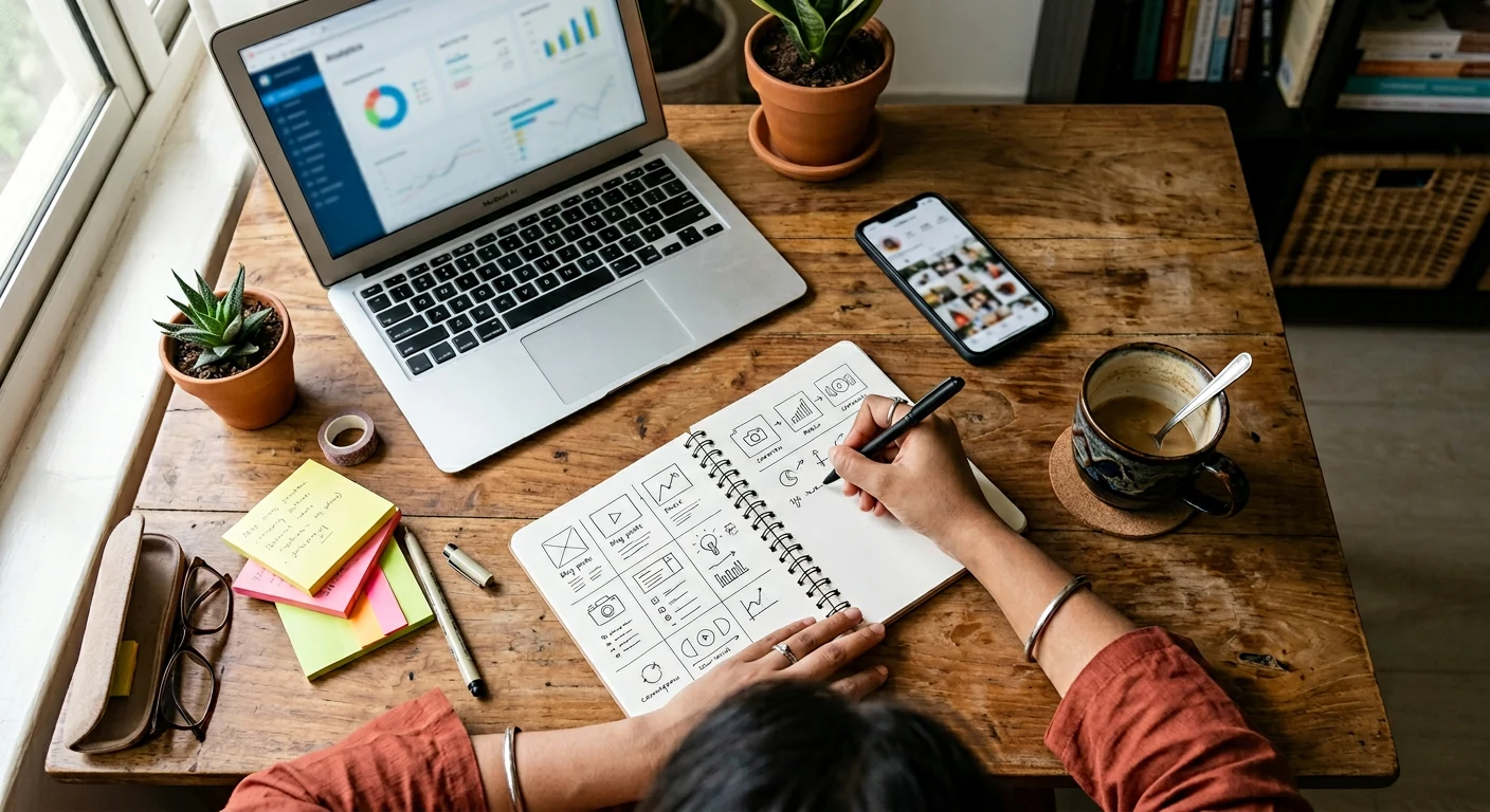 Faceless creator doing niche research and planning Instagram content ideas on a desk