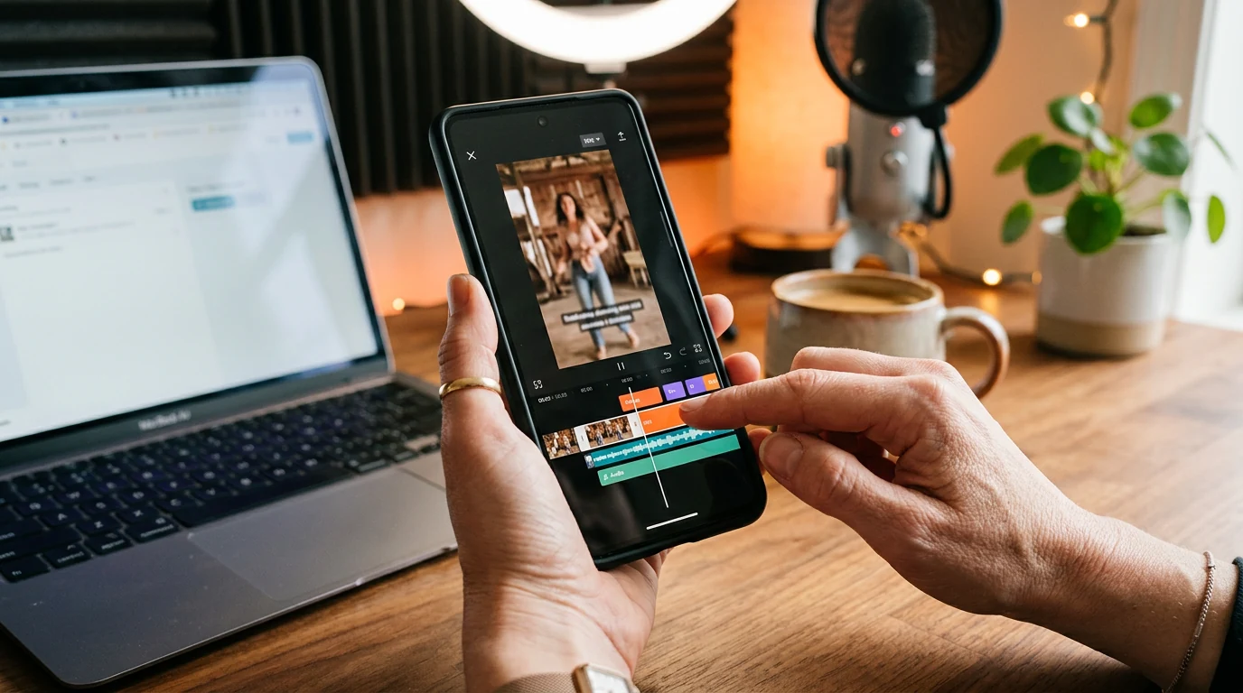 Hands editing a faceless Instagram reel on smartphone with creator desk setup